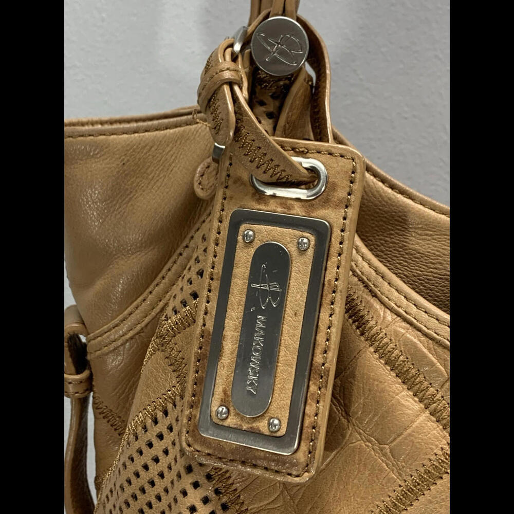 B. Makowsky Beige/Tan Patchwork Leather Weekender Tote Bohemian Shoulder Bag - Picture 7 of 14